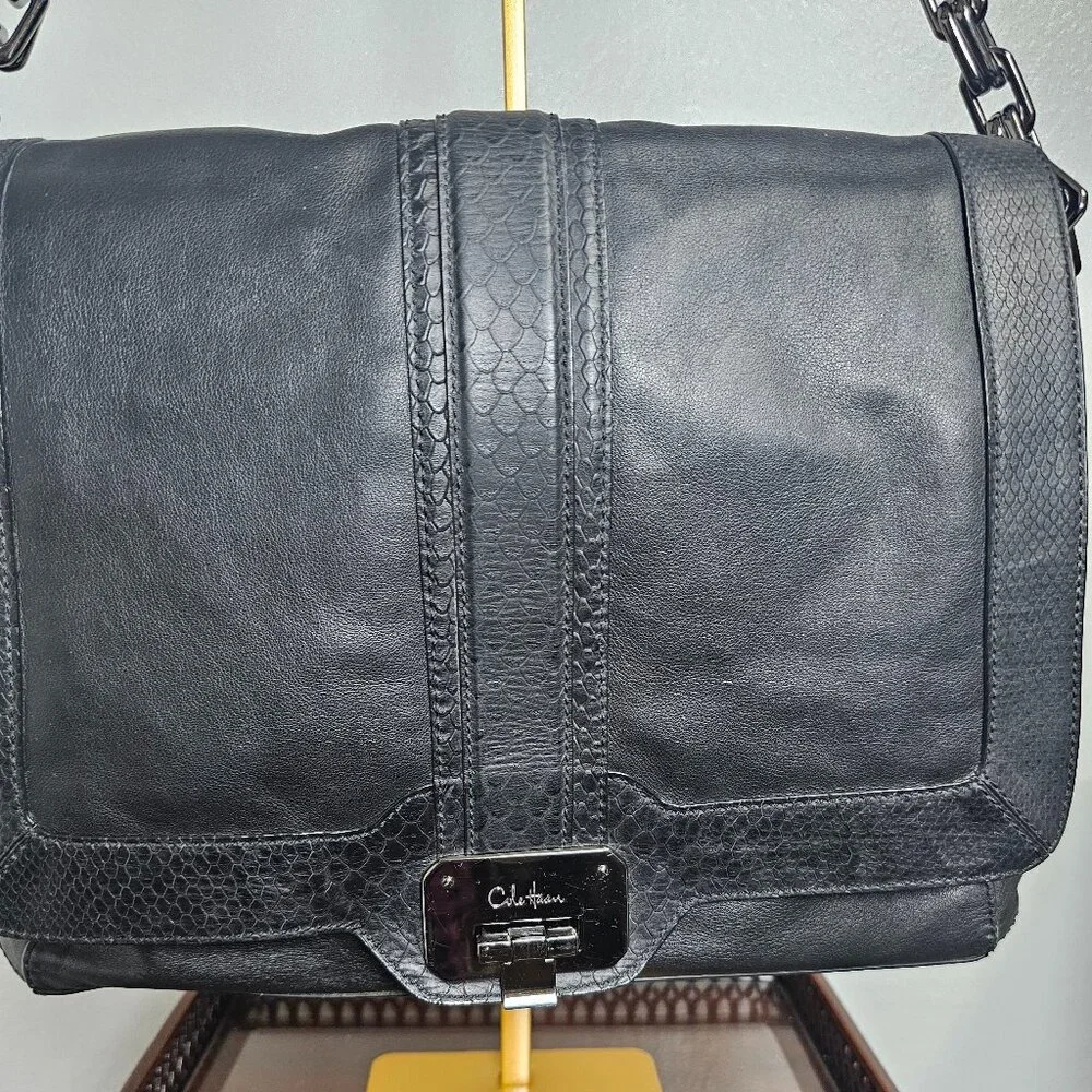 Cole Haan Black Leather & Snakeskin Embossed Flap Shoulder Bag Gunmetal Hardware - Picture 4 of 6